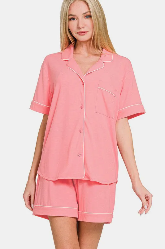 Dark Pink Button Down Short Sleeve Top and Shorts Lounge Set