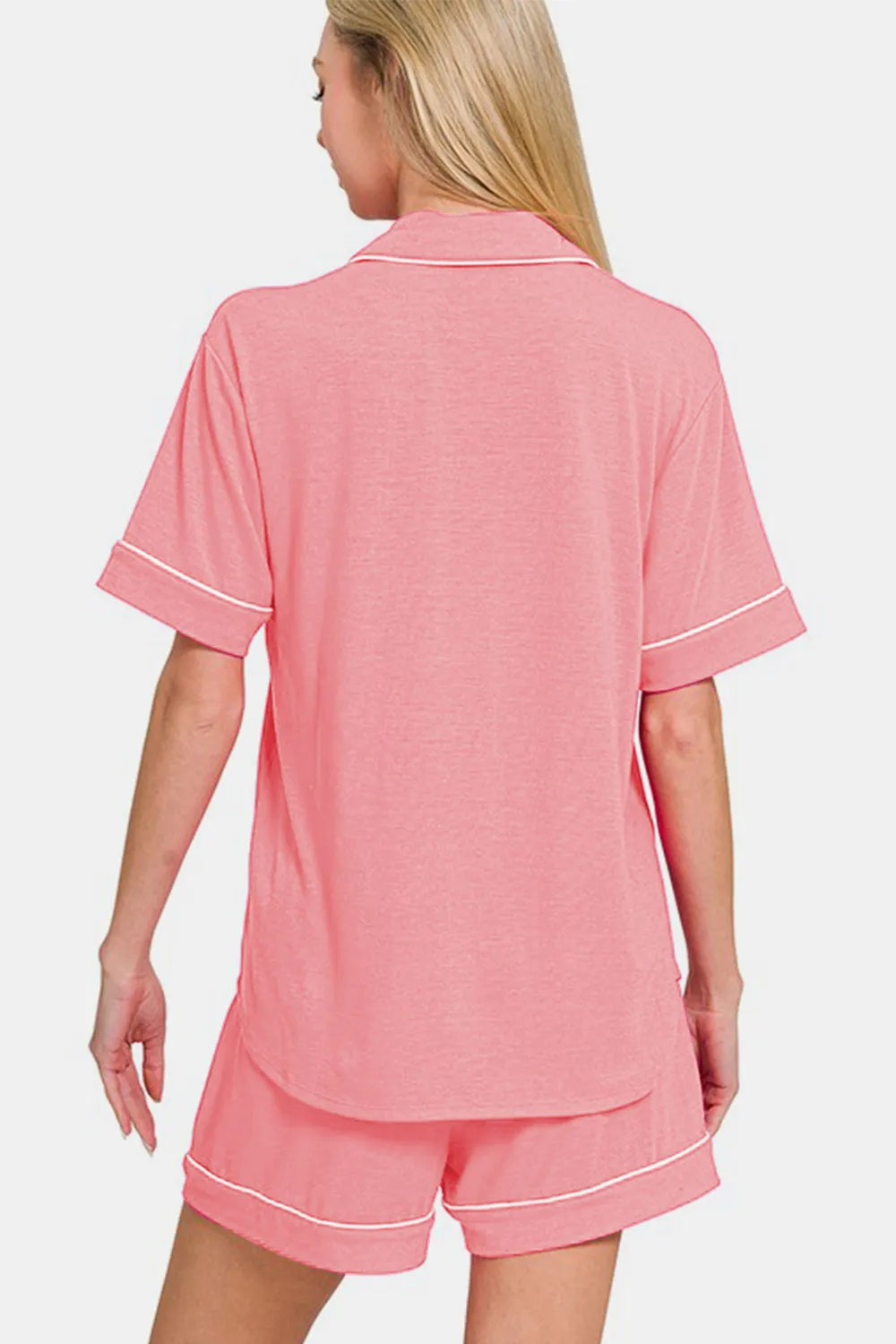 Dark Pink Button Down Short Sleeve Top and Shorts Lounge Set