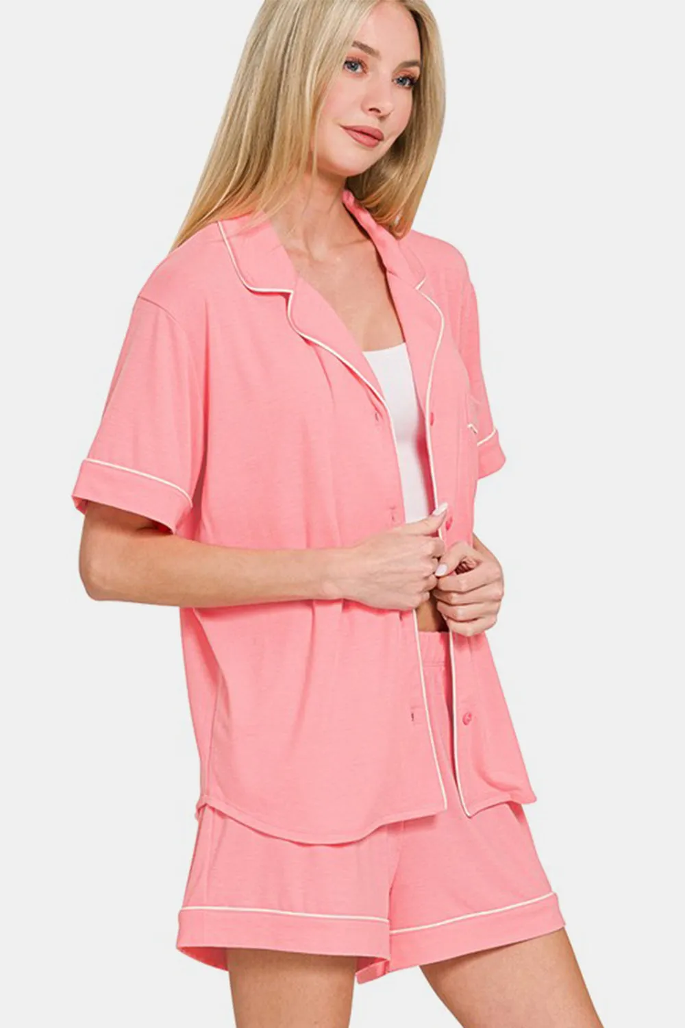 Dark Pink Button Down Short Sleeve Top and Shorts Lounge Set