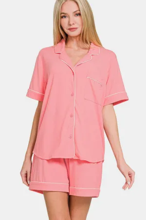 Dark Pink Button Down Short Sleeve Top and Shorts Lounge Set