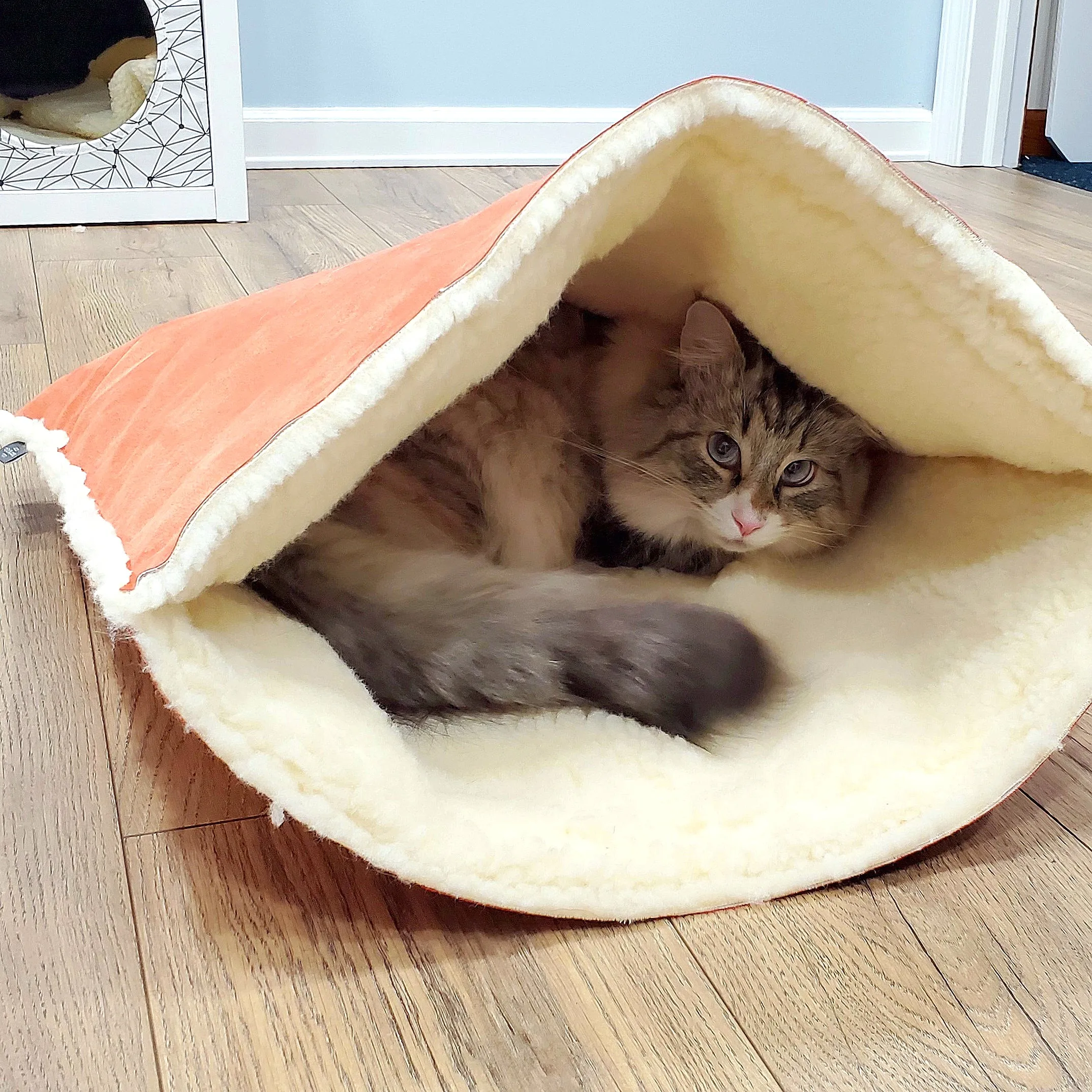 Faux Sherpa Snuggle Cat Cave: sleeping bag for pets, anxiety relief hideout den, travel cushion bed
