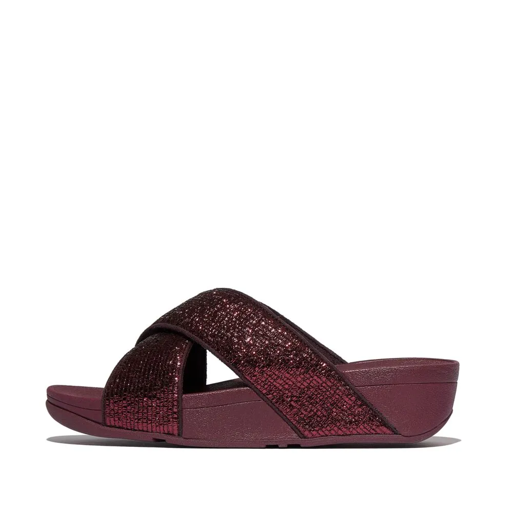 FitFlop Lulu Crinkled Shimmer Cross Slides Sandals - Metallic Plumberry