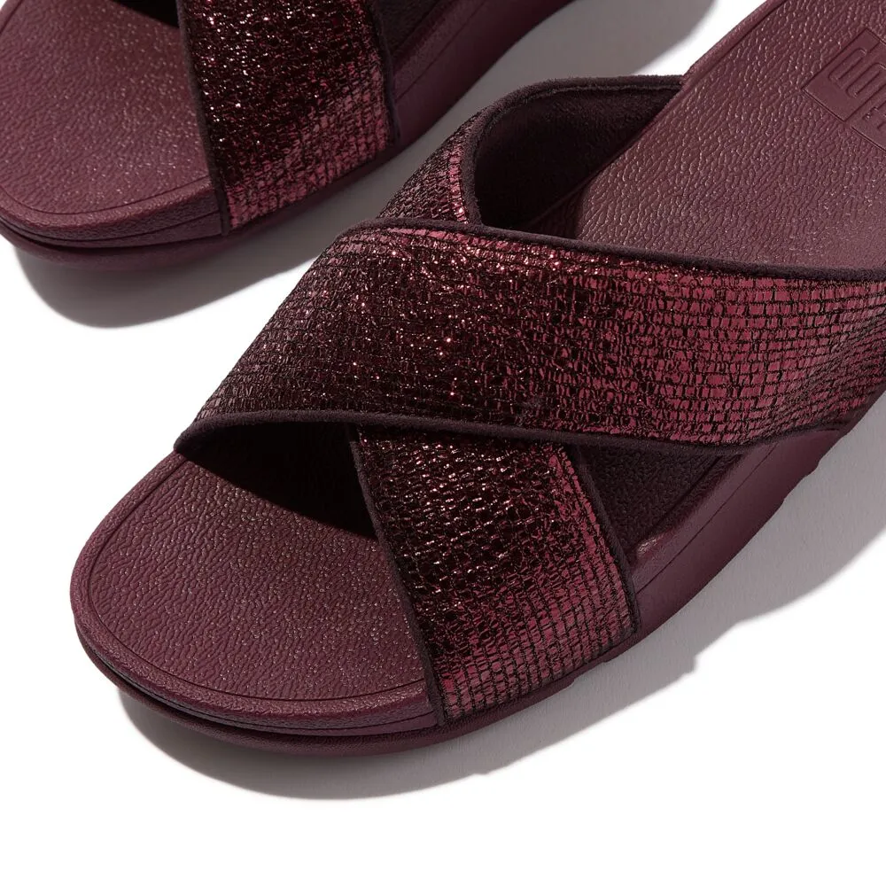 FitFlop Lulu Crinkled Shimmer Cross Slides Sandals - Metallic Plumberry