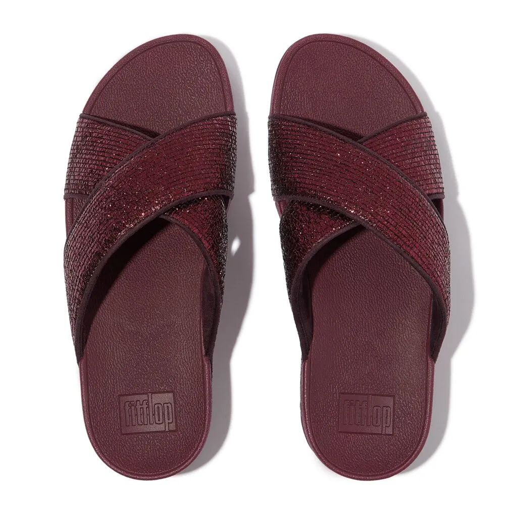 FitFlop Lulu Crinkled Shimmer Cross Slides Sandals - Metallic Plumberry