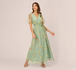 Floral Embroidered Maxi Dress With Sheer Flutter Sleeves In Sage Multi