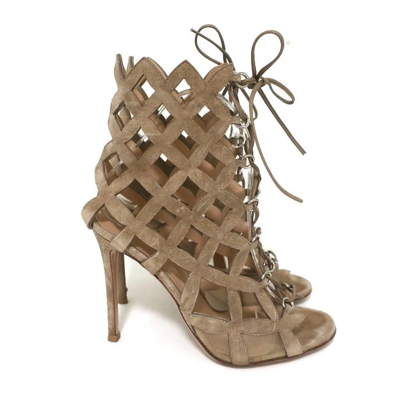 Gianvito Rossi Ankle Boots Beige Cutout Suede Size 37 Open Toe Sandal Booties