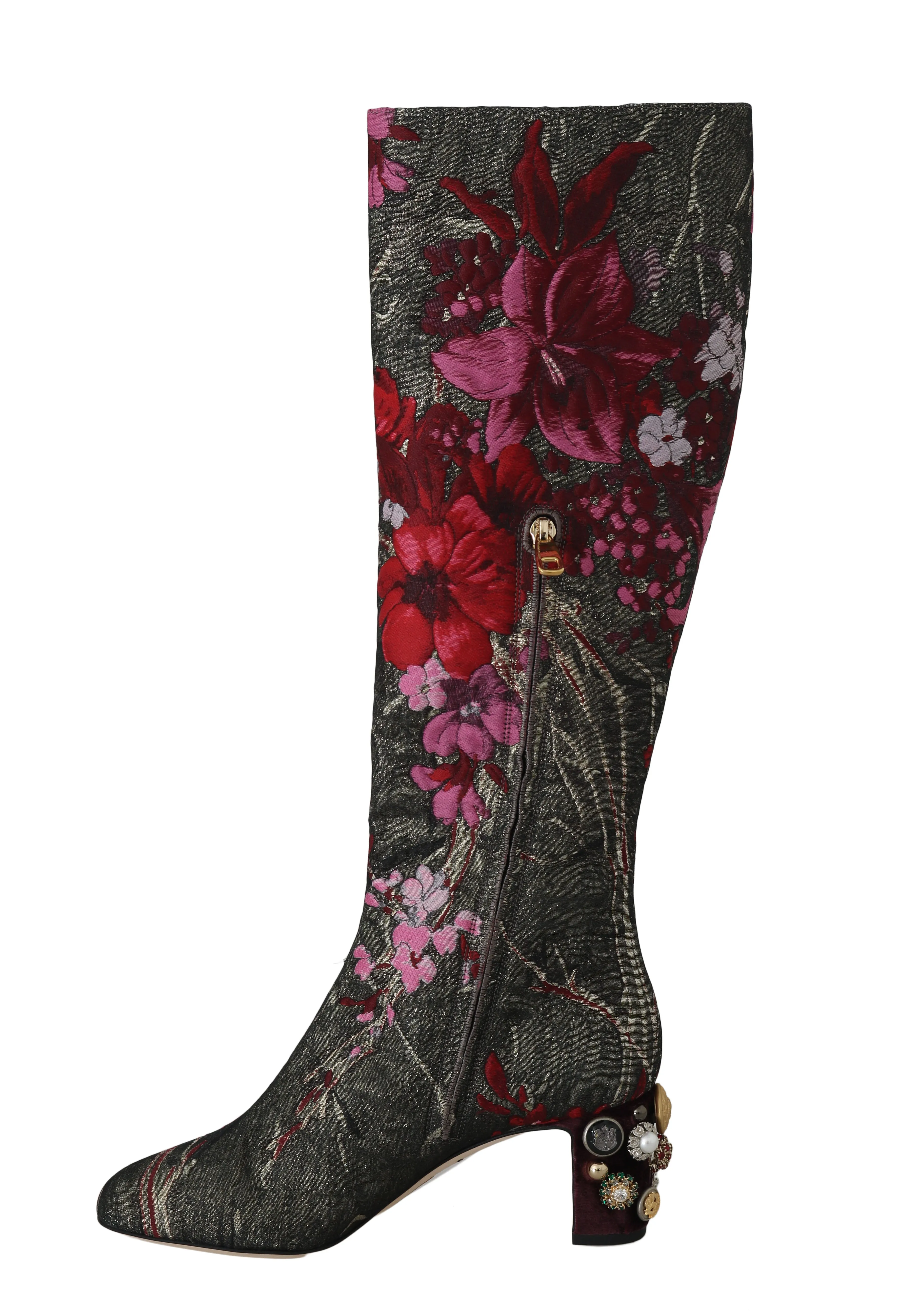 Gray Pink Jacquard Floral Boots