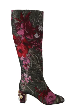 Gray Pink Jacquard Floral Boots