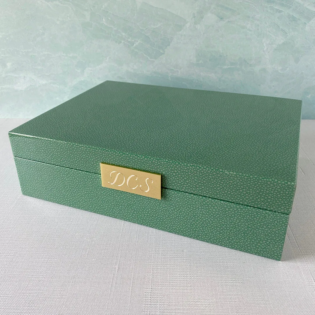 Green Shagreen & Gold Plated Trim Large Jewelry Box