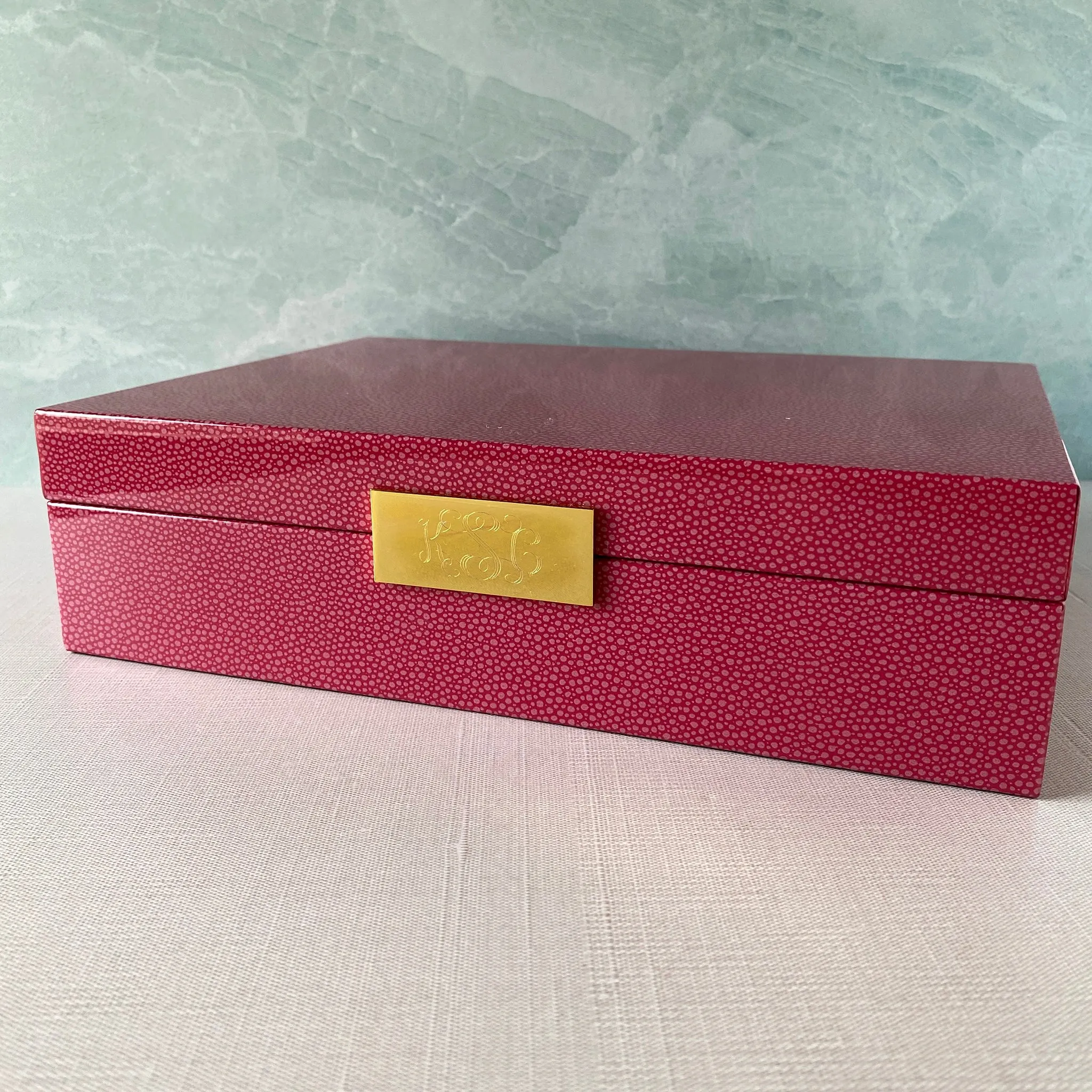 Green Shagreen & Gold Plated Trim Large Jewelry Box