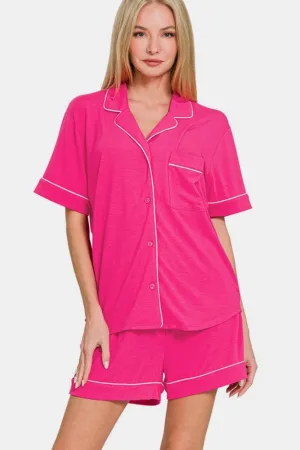 Hot Pink Button Down Short Sleeve Top and Shorts Lounge Set