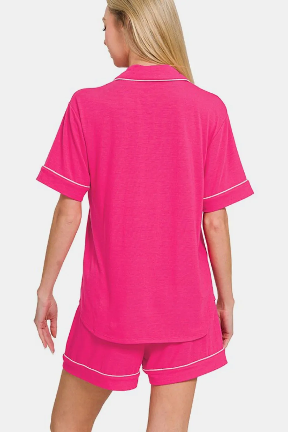 Hot Pink Button Down Short Sleeve Top and Shorts Lounge Set