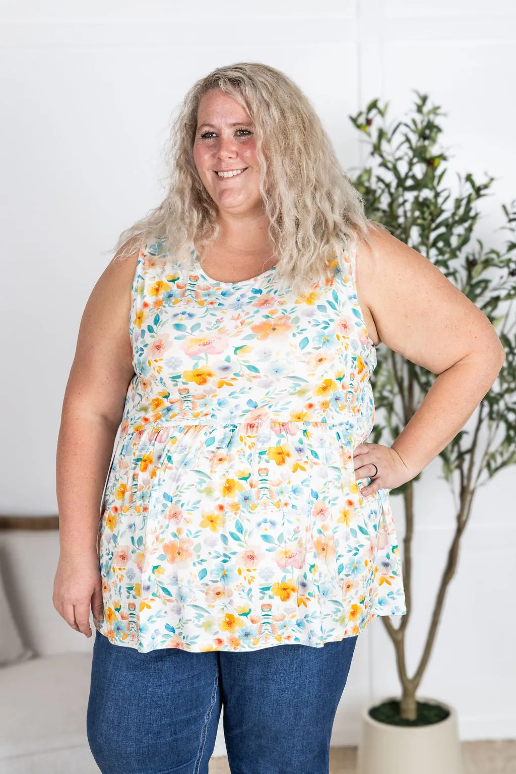 IN PRODUCTION Renee Ruffle Tank Top - Watercolor Floral
