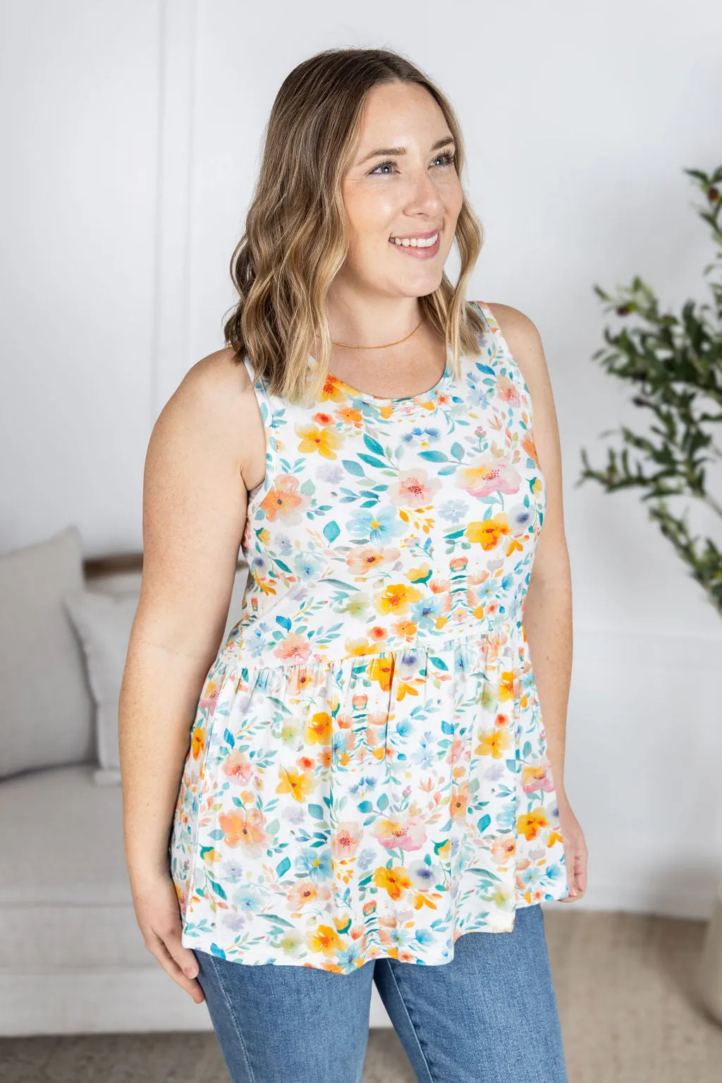 IN PRODUCTION Renee Ruffle Tank Top - Watercolor Floral