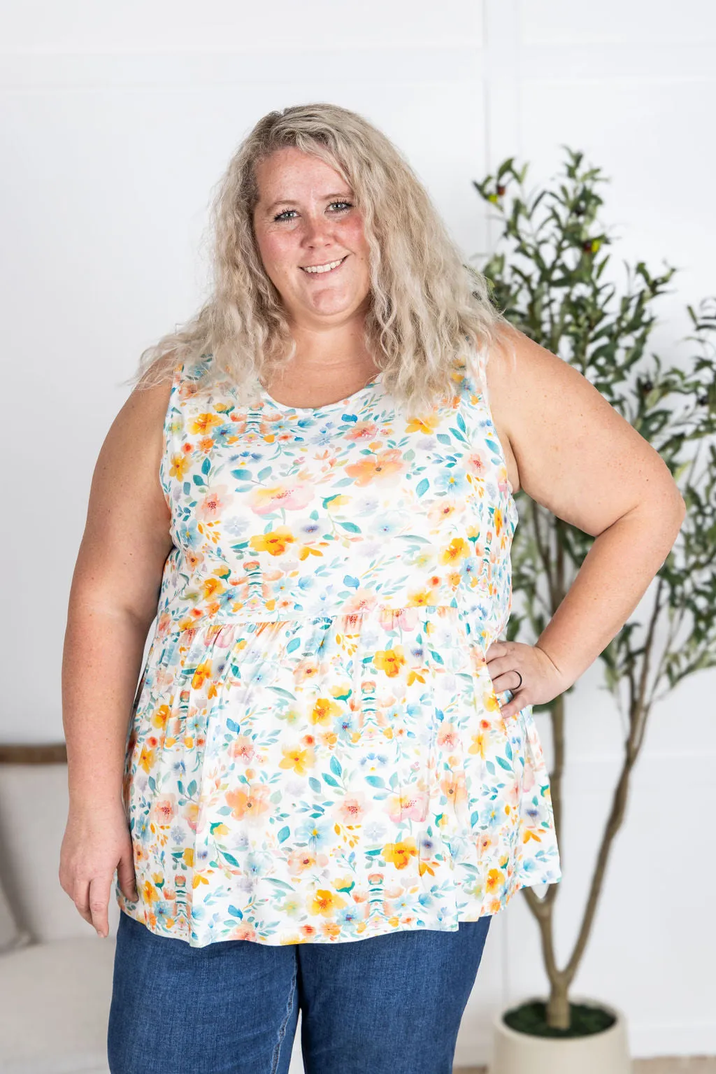 IN PRODUCTION Renee Ruffle Tank Top - Watercolor Floral