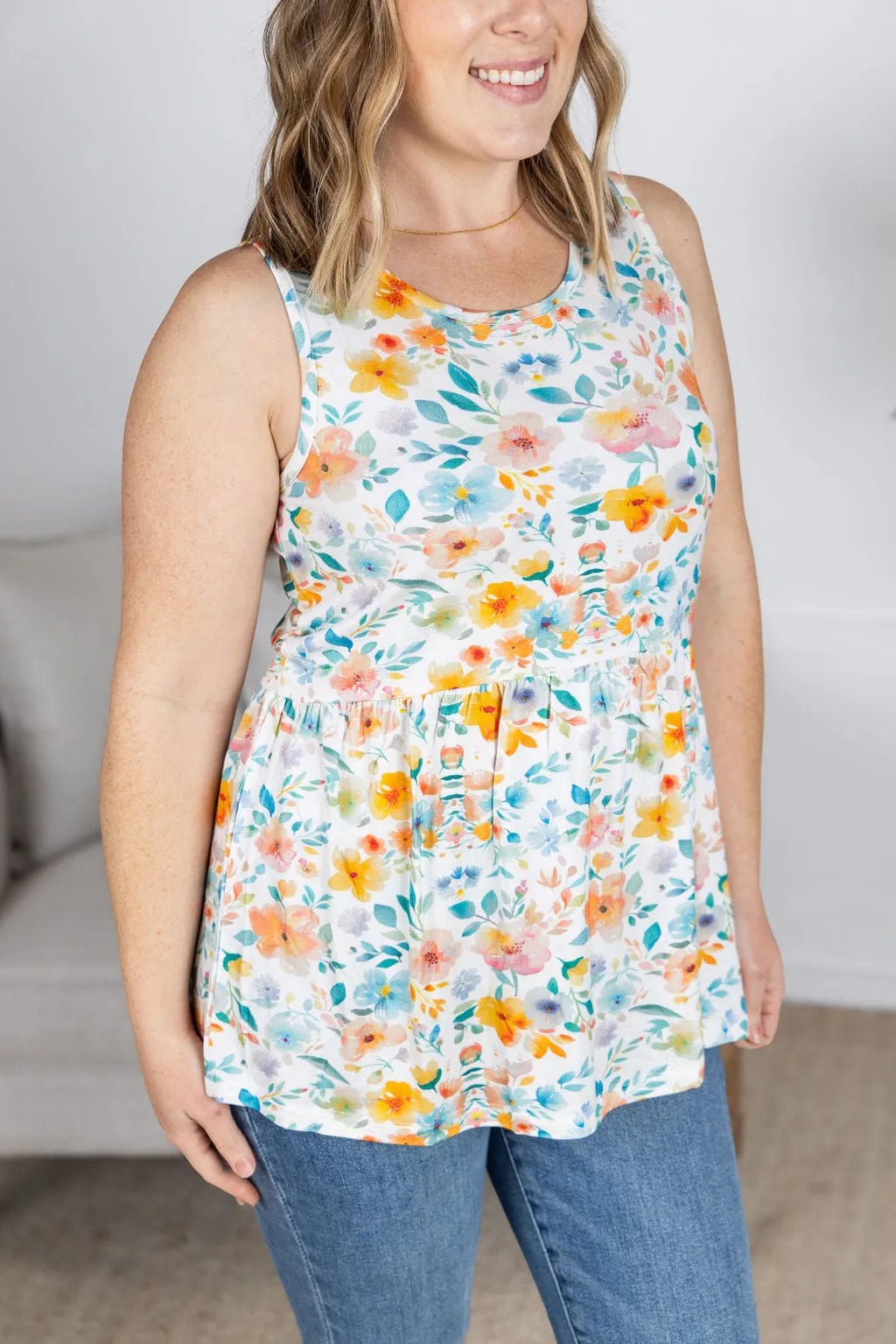 IN PRODUCTION Renee Ruffle Tank Top - Watercolor Floral