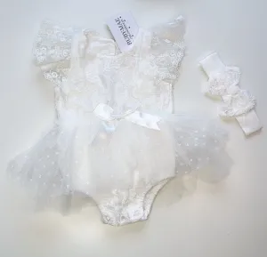 Ivory Lace Tutu Romper With Matching Headband - Eva