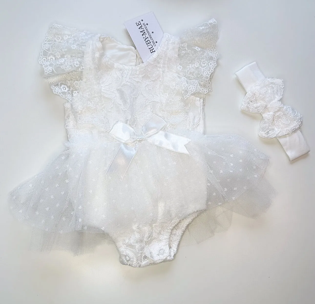 Ivory Lace Tutu Romper With Matching Headband - Eva