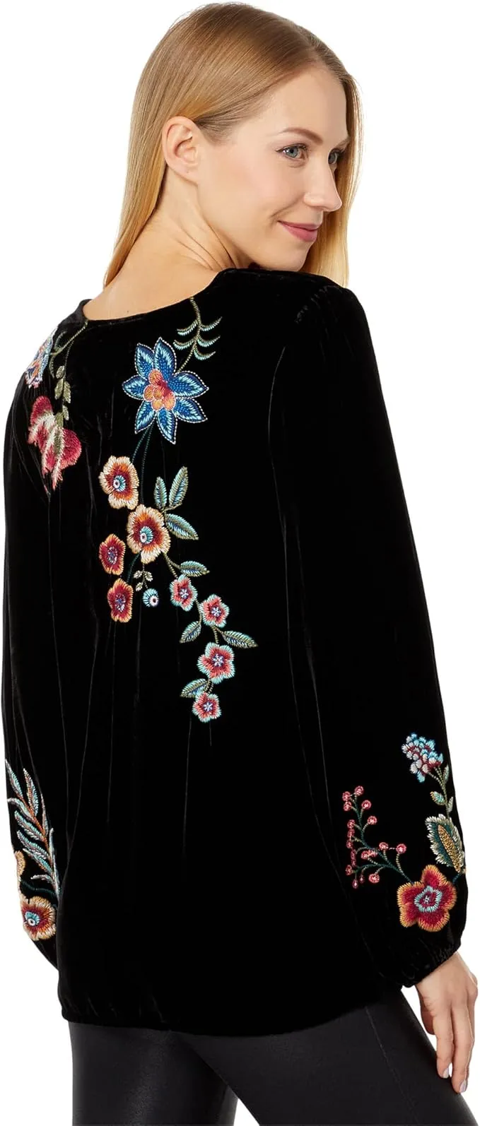 Johnny Was Ardell Velvet Relaxed Tee Blouse Floral Embroidery Top Shirt Black NEW