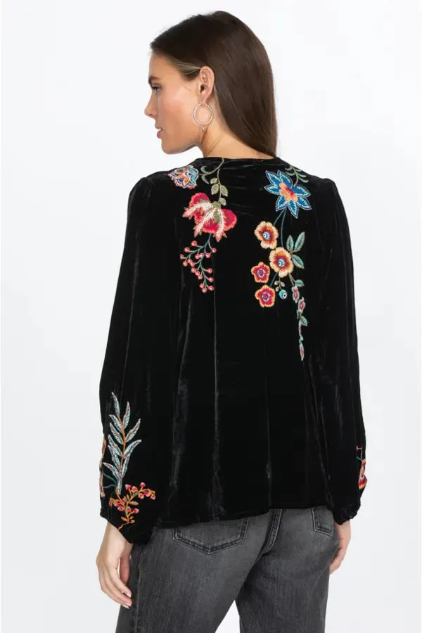 Johnny Was Ardell Velvet Relaxed Tee Blouse Floral Embroidery Top Shirt Black NEW