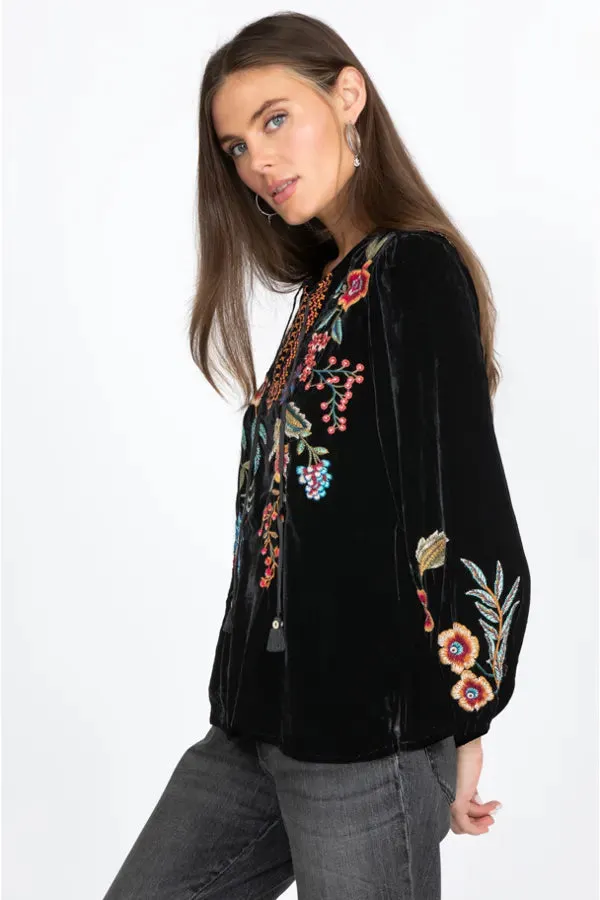 Johnny Was Ardell Velvet Relaxed Tee Blouse Floral Embroidery Top Shirt Black NEW