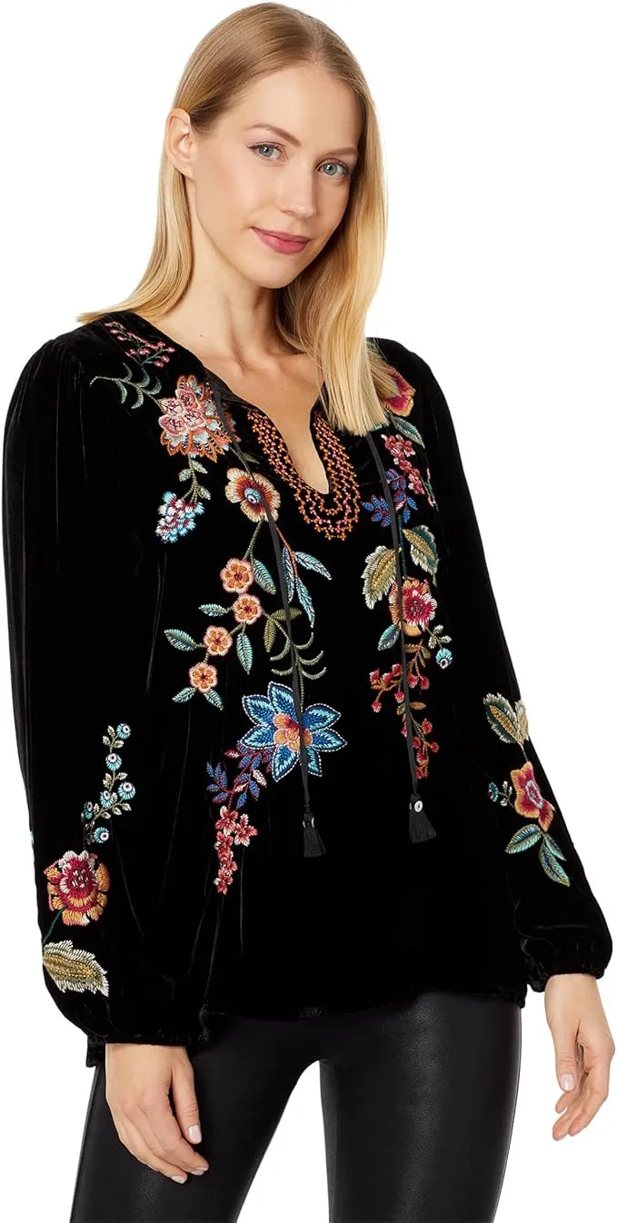 Johnny Was Ardell Velvet Relaxed Tee Blouse Floral Embroidery Top Shirt Black NEW