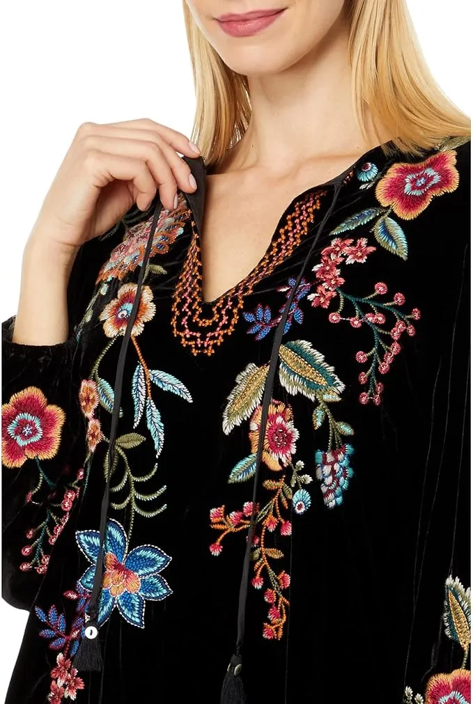 Johnny Was Ardell Velvet Relaxed Tee Blouse Floral Embroidery Top Shirt Black NEW