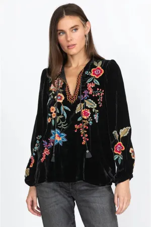 Johnny Was Ardell Velvet Relaxed Tee Blouse Floral Embroidery Top Shirt Black NEW