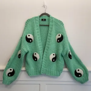 Lala Green Chunky Knit Cardigan Sweater Yin Yang Print Cozy Boho S/M