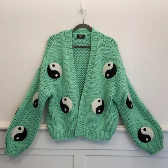 Lala Green Chunky Knit Cardigan Sweater Yin Yang Print Cozy Boho S/M