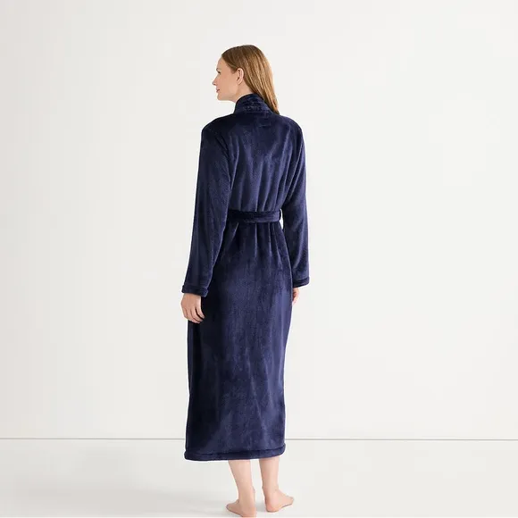 Land's End Cozy Plush Long Wrap Robe Inner Tie Polyester Soft Deep Navy Size Med