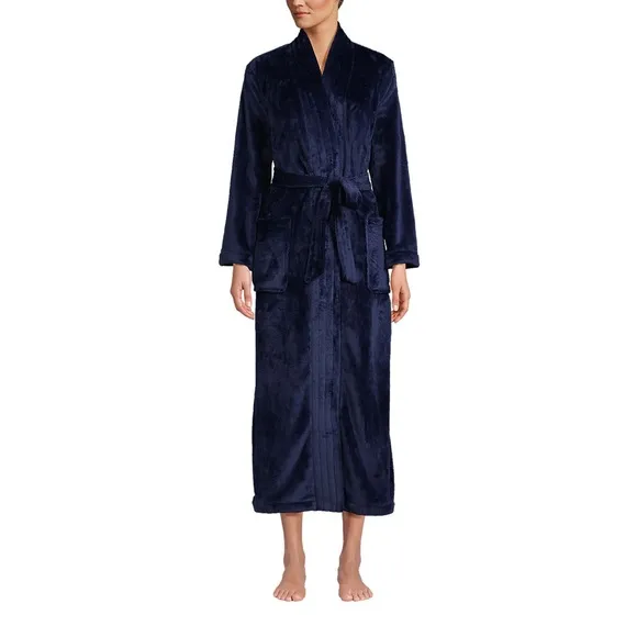 Land's End Cozy Plush Long Wrap Robe Inner Tie Polyester Soft Deep Navy Size Med