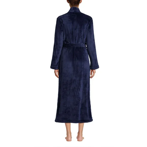 Land's End Cozy Plush Long Wrap Robe Inner Tie Polyester Soft Deep Navy Size Med