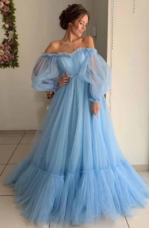 Light Blue Sexy Prom Dress，Wedding Guest Dress，Long Sleeve Off Shoulder Princess Dress