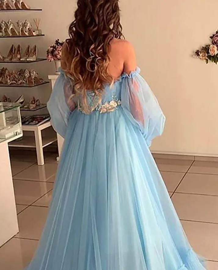 Light Blue Sexy Prom Dress，Wedding Guest Dress，Long Sleeve Off Shoulder Princess Dress