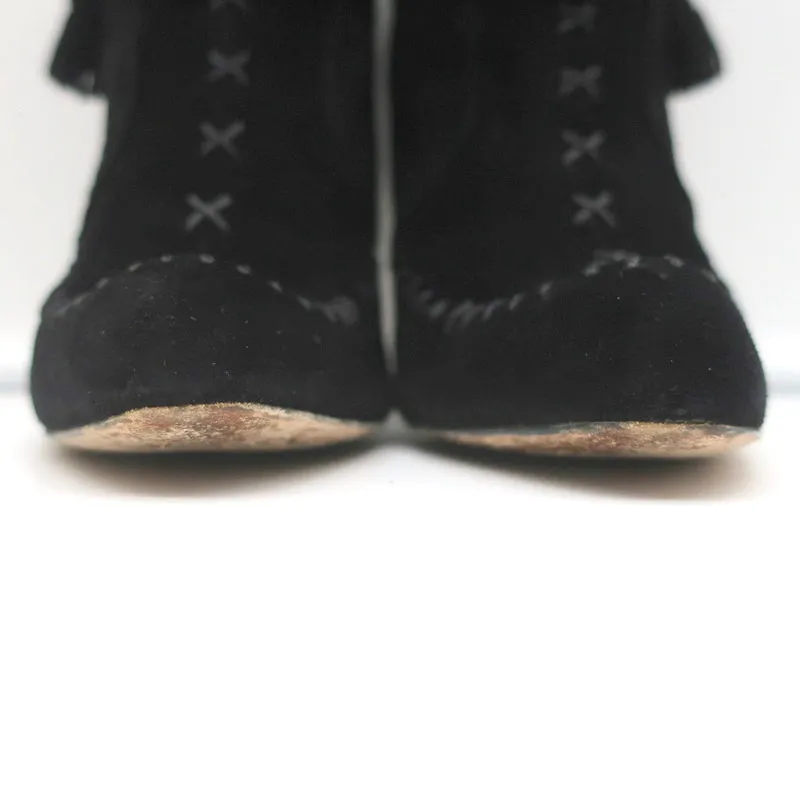 Manolo Blahnik Tassel Ankle Boots Black Suede Size 37 High Heel Booties