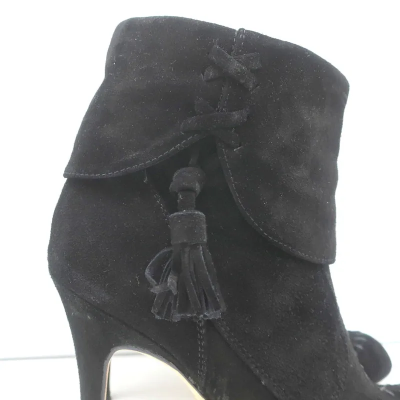 Manolo Blahnik Tassel Ankle Boots Black Suede Size 37 High Heel Booties
