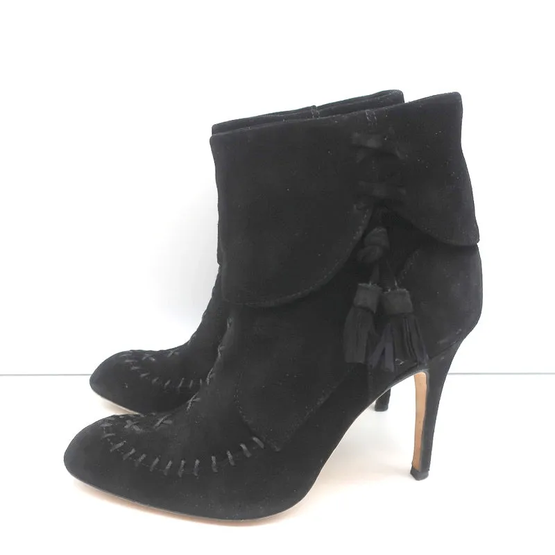 Manolo Blahnik Tassel Ankle Boots Black Suede Size 37 High Heel Booties