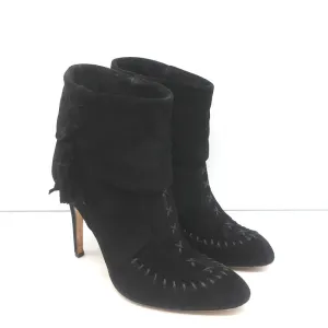 Manolo Blahnik Tassel Ankle Boots Black Suede Size 37 High Heel Booties