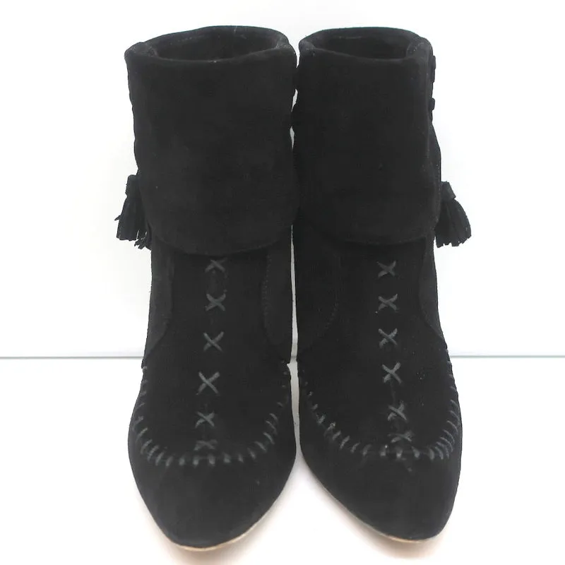 Manolo Blahnik Tassel Ankle Boots Black Suede Size 37 High Heel Booties