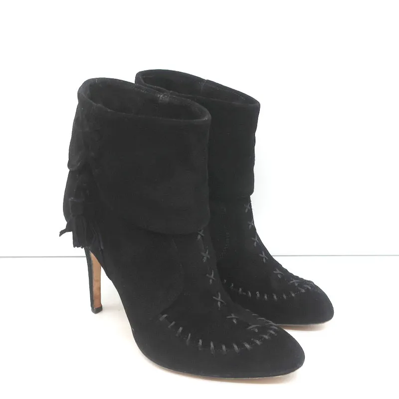 Manolo Blahnik Tassel Ankle Boots Black Suede Size 37 High Heel Booties