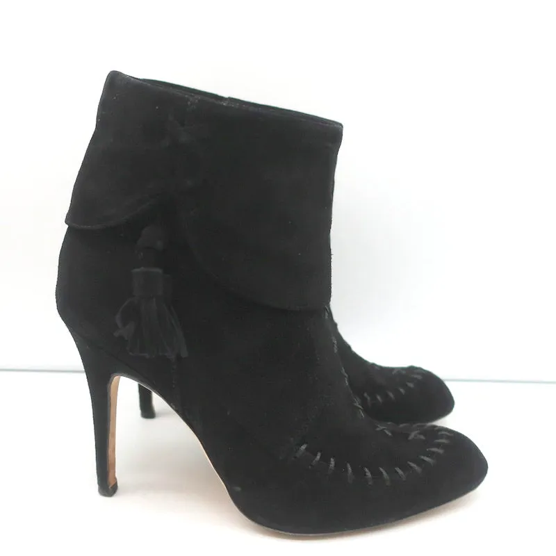 Manolo Blahnik Tassel Ankle Boots Black Suede Size 37 High Heel Booties