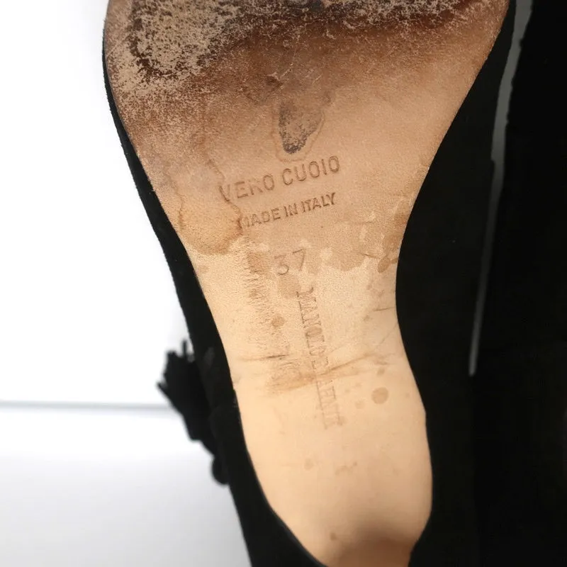 Manolo Blahnik Tassel Ankle Boots Black Suede Size 37 High Heel Booties