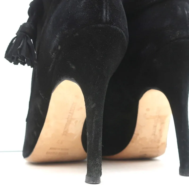Manolo Blahnik Tassel Ankle Boots Black Suede Size 37 High Heel Booties