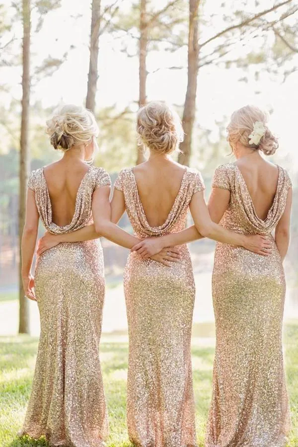 Mermaid Floor Length Sequins Gold Bridesmaid Dress With Short Sleeves TY0002