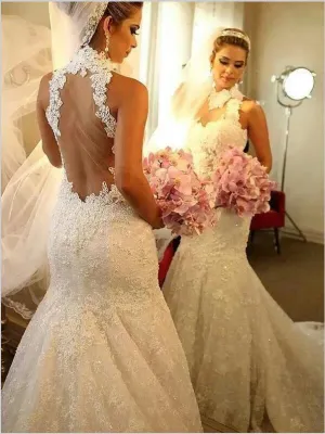Mermaid Lace High Neck Sleeveless Wedding Dresses Court Train Dress
