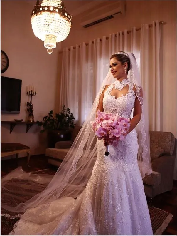Mermaid Lace High Neck Sleeveless Wedding Dresses Court Train Dress