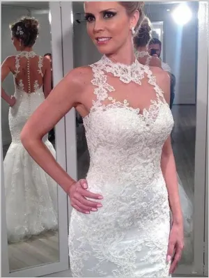 Mermaid Lace Tulle High Neck Wedding Dresses Floor Length Ball Gown