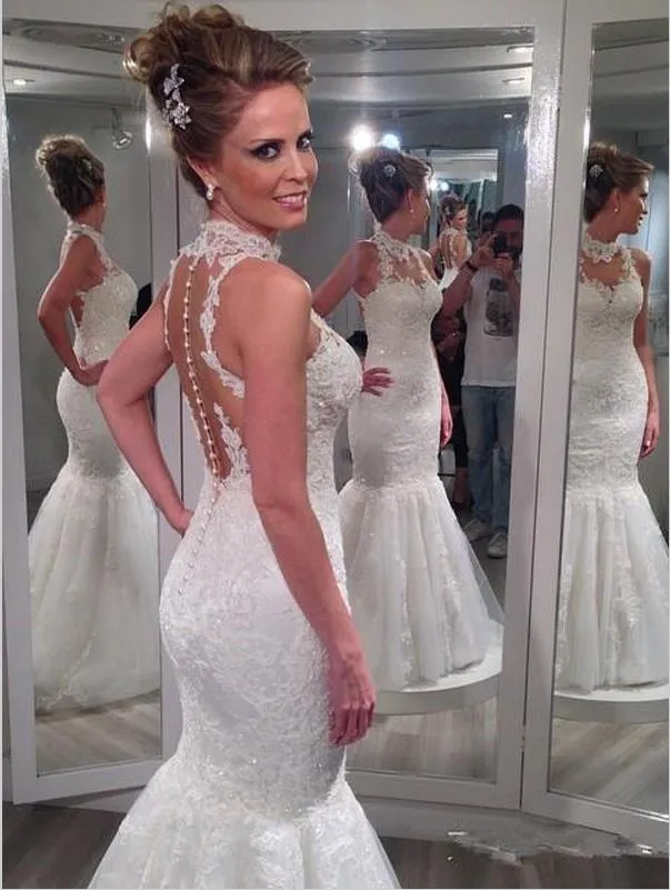 Mermaid Lace Tulle High Neck Wedding Dresses Floor Length Ball Gown