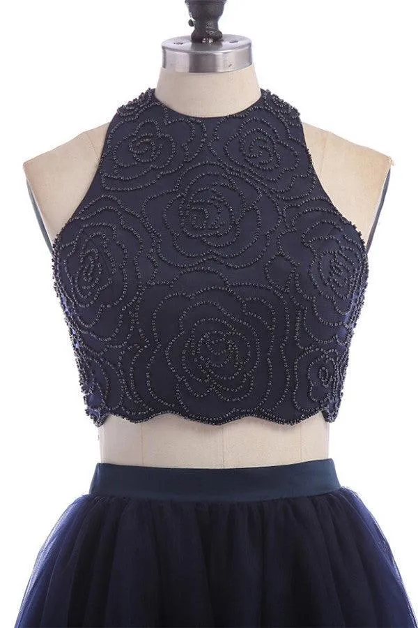 Modest Two Pieces Sleeveless Hollow Navy Blue Homecoming Dress TR0059